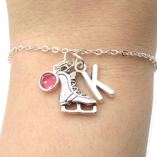 Ice Skate Bracelet- birthstone and initial, Figure Skating Jewelry, Skate Gift, Winter Jewelry, Christmas Jewelry, Ice Skate Birthday Gift