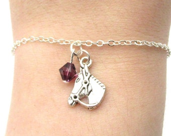 Horse Bracelet- choose a birthstone, Horse Jewelry, Horse Gift, Pony Bracelet, Pony Jewelry, Horse Birthday, Silver Horse Gift for Her