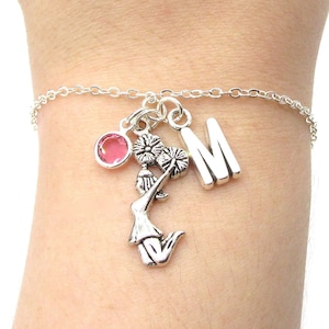 Cheerleader Bracelet- birthstone and initial, Cheerleader Jewelry, Cheerleader Charm, Cheer Mom, Cheer Gift, Cheerleader Birthday for Her