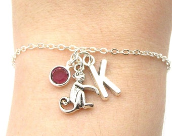 Monkey Bracelet- birthstone and initial, Monkey Jewelry, Monkey Gift, Personalized Monkey, Monkey Charm, Monkey Birthday, Monkey