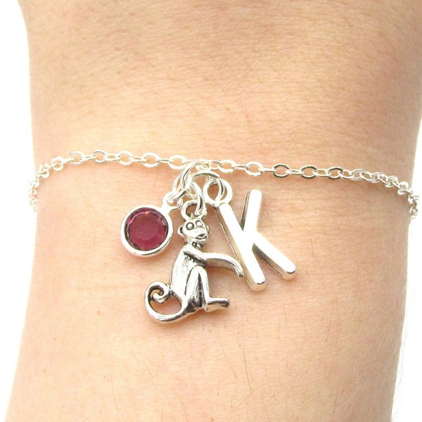 Monkey Bracelet- birthstone and initial, Monkey Jewelry, Monkey Gift, Personalized Monkey, Monkey Charm, Monkey Birthday, Monkey