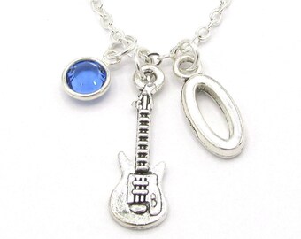 Electric Guitar Necklace- birthstone and initial, Electric Guitar Jewelry, Electric Guitar Gift, Guitar Pendant, Guitarist Jewelry Gift