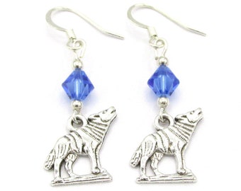 Wolf Earrings- choose a birthstone, Wolf Jewelry, Wolf Gift, Wolf Charms, Wolf Charm Earrings, Silver Wolf Earrings, Wolf Birthday Gift