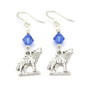 Wolf Earrings- choose a birthstone, Wolf Jewelry, Wolf Gift, Wolf Charm Earrings, Silver Wolf Earrings, Wolf Birthday Gift, Spirit Animal