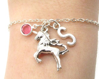 Unicorn Bracelet- birthstone and initial, Personalized Unicorn Charm Bracelet, Silver Unicorn Birthstone, Unicorn Birthday Gift for Her