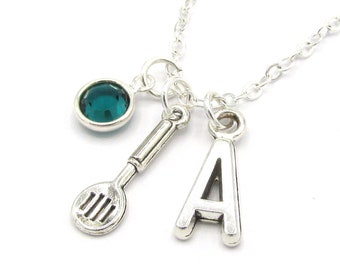 Chef Necklace- birthstone and initial, Chef Jewelry, Chef Gift, Chef Accessories, Cook Necklace, Gift for Cook, Spatula Charm, Charm Jewelry
