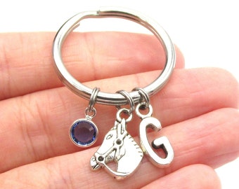Horse Keychain- birthstone and initial, Horse Keyring, Horse Gift, Horse Charm, Horse Birthstone, Personalized Horse, Horse Gift for Her