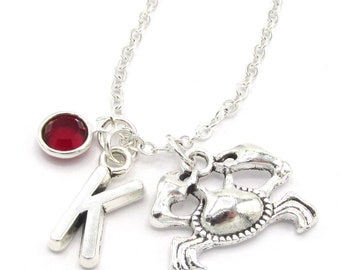 Crab Necklace- birthstone + initial, Crab Jewelry, Crab Pendant, Beach Wedding, Beach Accessories, Birthstone Necklace, Animal Gift for Her