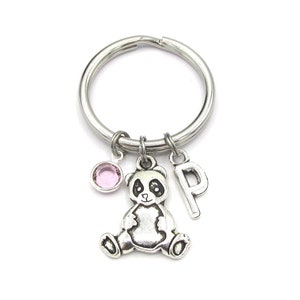 Panda Keychain birthstone and initial, Panda Keyring, Panda Gift, Panda Charm, Panda Birthstone, Personalized Panda, Silver Panda Gift image 1