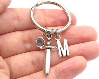 Sword Keychain- birthstone and initial, Sword Keyring, Sword Gift, Sword of the Spirit, Pirate Keychain, Medieval Keychain, Sword Charm