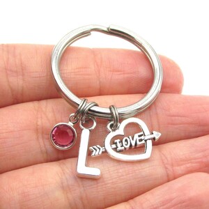 Cupid&#39;s Arrow Keychain- birthstone and initial, Heart Keyring, Heart Keychain, Valentine&#39;s Day Girlfriend Gift, Love Accessories, Love Gift
