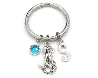 Mermaid Keychain- birthstone and initial, Mermaid Keyring, Mermaid Gift, Mermaid Accessories, Mermaid Birthday Gift, Silver Mermaid Nautical