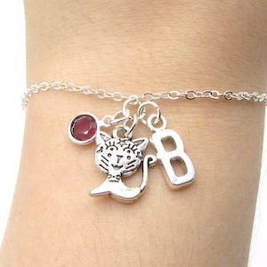 Cat Bracelet- birthstone and initial, Cat Jewelry, Cat Gift, Cat Charm Bracelet, Silver Cat Jewelry, Kitty Bracelet, Birthstone Cat for Her
