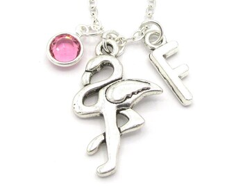 Flamingo Necklace- birthstone and initial, Flamingo Jewelry, Flamingo Gift, Flamingo Charm, Bird Jewelry, Charm Jewelry, Flamingo Birthday