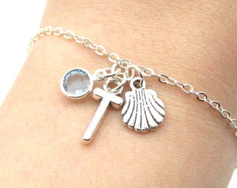 Seashell Bracelet- birthstone and initial, Seashell Jewelry, Shell Bracelet, Seashell Charm Bracelet, Beach Bracelet, Beach Jewelry for Her
