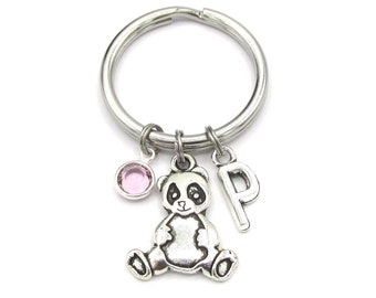 Panda Keychain- birthstone and initial, Panda Keyring, Panda Gift, Panda Charm, Panda Birthstone, Personalized Panda, Silver Panda Gift