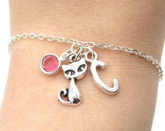 Cat Bracelet- birthstone and initial, Cat Jewelry, Cat Gift, Personalized Cat, Siamese Cat Bracelet, Cat Charm, Silver Cat Charm for Her