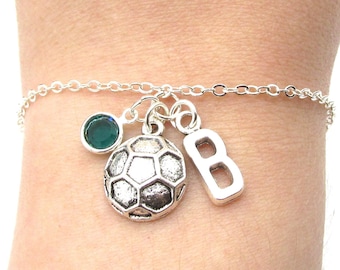Soccer Bracelet- birthstone and initial, Soccer Jewelry, Silver Soccer Bracelet, Soccer Charm Bracelet, Personalized Sports Bracelet Jewelry