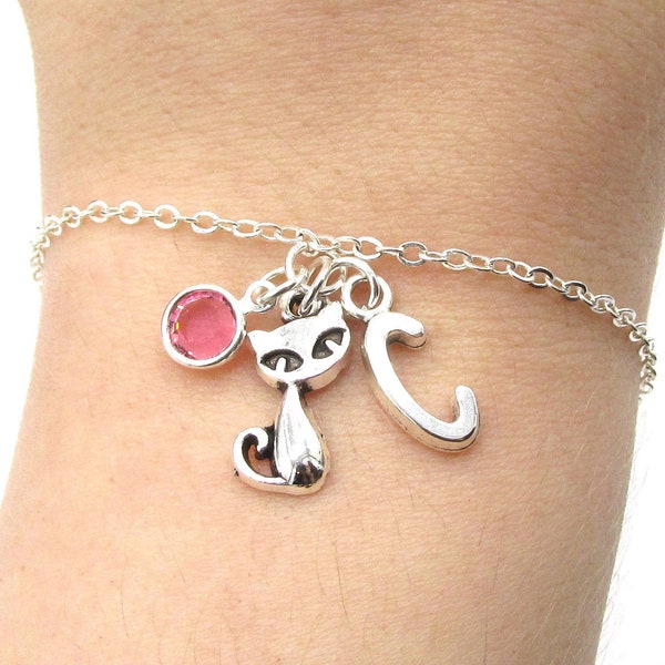 Cat Bracelet- birthstone and initial, Cat Jewelry, Cat Gift, Personalized Cat, Siamese Cat Bracelet, Cat Charm, Silver Cat Charm for Her