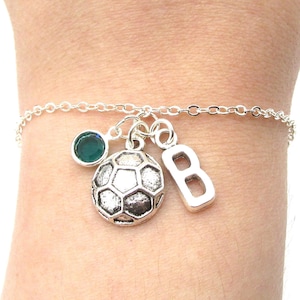 Soccer Bracelet- birthstone and initial, Soccer Jewelry, Silver Soccer Bracelet, Soccer Charm Bracelet, Personalized Sports Bracelet Jewelry