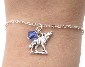 Wolf Bracelet- choose a birthstone, Wolf Jewelry, Wolf Gift, Wolf Birthstone, Wolf Charm Bracelet, Wolf Charm Jewelry, Wolf Charm, Wolf