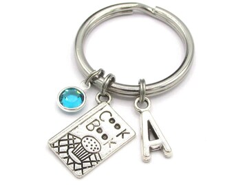 Cooking Keychain- birthstone and initial, Cooking Keyring, Cook Book Charm, I love to Cook, Chef Keychain, Chef Gift, Gift for Chefs
