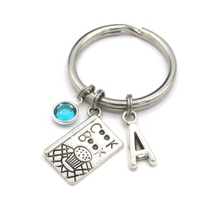 Cooking Keychain- birthstone and initial, Cooking Keyring, Cook Book Charm, I love to Cook, Chef Keychain, Chef Gift, Gift for Chefs