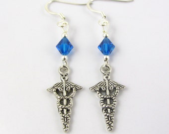 Caduceus Earrings- choose a birthstone, Caduceus Jewelry, Medical Earrings, Medical Jewelry, Nurse Jewelry, Doctor Jewelry, EMT Jewelry