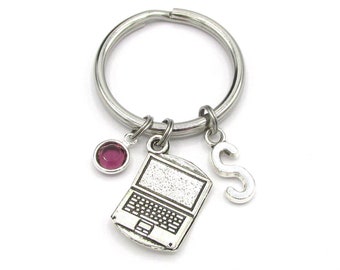 Laptop Keychain- birthstone and initial, Computer Keychain, Laptop Keyring, Programmer Gift, Computer Geek Gift, Tech Charm, Tech Support