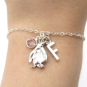 Penguin Charm Bracelet- birthstone and initial, Penguin Jewelry, Penguin Gift, Penguin Birthday, Animal Jewelry, North Pole Winter Jewelry