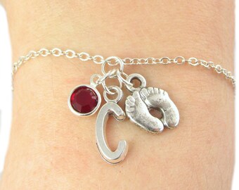 Baby Feet Bracelet- choose a birthstone and initial, Baby Feet Jewelry, New Mom Gift, New Mom Bracelet, Expectant Mother Gift, Personalized