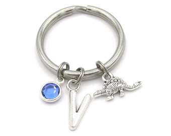 Stegosaurus Dinosaur Keychain- birthstone and initial, Dinosaur Keyring, Dinosaur Gift, Stegosaurus Birthday Keyring, Dinosaur Accessories