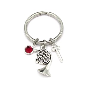 French Horn Keychain- birthstone and initial, French Horn Keyring, French Horn Gift, Music Keychain, Music Keyring, Miniature French Horn