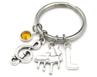 Piano Music Keychain- birthstone and initial, Piano Keyring, Music Keyring, Piano Music Keyring, Pianist Teacher Gift, Piano Accessories