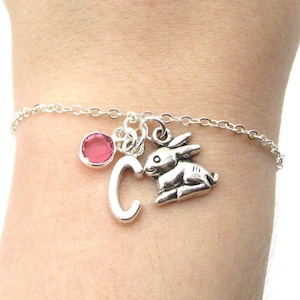 Rabbit Bracelet- birthstone and initial, Rabbit Jewelry, Rabbit Gift, Personalized Rabbit, Bunny Bracelet, Bunny Jewelry, Rabbit Charm Gift