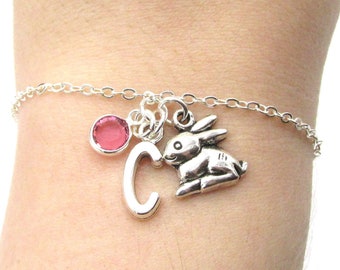 Rabbit Bracelet- birthstone and initial, Rabbit Jewelry, Rabbit Gift, Personalized Rabbit, Bunny Bracelet, Bunny Jewelry, Rabbit Charm Gift