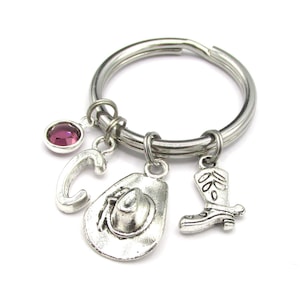 Cowgirl Keychain- birthstone and initial, Western Keyring, Cowboy Hat Cowgirl Boot Western Rodeo Gift for Her, Cowgirl Birthday Gift