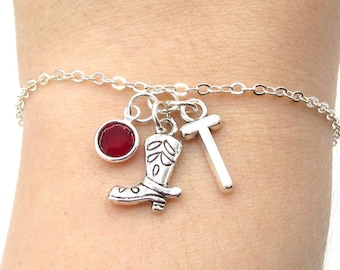 Boot Bracelet- birthstone and initial, Western Country Jewelry, Cowboy Cowgirl Charm Bracelet, Gift for Cowgirl, Cowgirl Birthday, Boot Gift