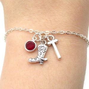 Boot Bracelet- birthstone and initial, Western Country Jewelry, Cowboy Cowgirl Charm Bracelet, Gift for Cowgirl, Cowgirl Birthday, Boot Gift