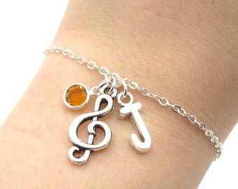 Treble Clef Bracelet- birthstone and initial, Treble Clef Jewelry, Music Bracelet, Music Jewelry, Music Gift, Piano Teacher Gift for Her