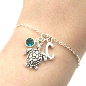 Sea Turtle Bracelet- birthstone and initial, Sea Turtle Jewelry, Turtle Bracelet, Turtle Birthday, Turtle Gift, Turtle Charm, Beach Jewelry