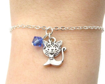 Cat Bracelet- choose a birthstone, Cat Jewelry, Cat Gift, Cat Charm Bracelet, Cat Birthstone, Cat Gift, Silver Cat Bracelet, I Love Cats