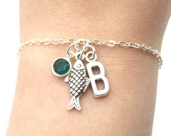 Fish Bracelet- birthstone and initial, Personalized Fish Bass Trout Charm Bracelet, I Love Fishing Gift for Her, Fish Jewelry, Gone Fishing