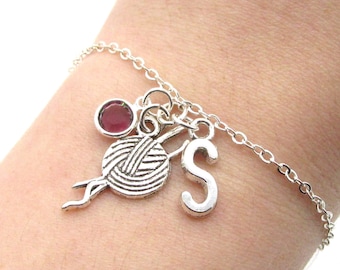 Knitting Bracelet- birthstone and initial, Knitting Jewelry, I love to Knit, Crochet Bracelet, Yarn Jewelry, Gift for Knitter, Yarn Birthday