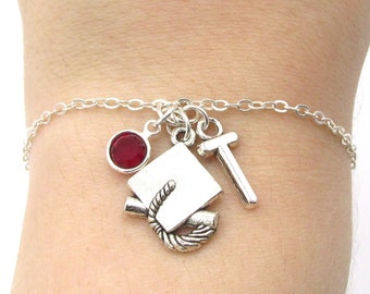 Graduation Charm Bracelet- birthstone and initial, Graduation Jewelry, Graduation Gift, Graduation Cap Charm, Graduation Accessories for Her