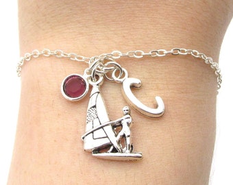 Windsurfer Bracelet- birthstone and initial, Windsurfer Jewelry, Windsurfing Gift, Windsurf Charm Bracelet, Windsurf Accessory, Water Sports