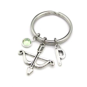 Bow & Arrow Keychain- birthstone and initial, Bow and Arrow Keyring, Arrow Charm, Archery Keychain, Archery Gift, Archery, Arrow Gift