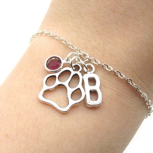 Paw Bracelet- birthstone and initial, Paw Jewelry, Paw Print Gift for Her, Personalized Pawprint, Paw Charm Bracelet, Cat Paw Dog Paw Animal