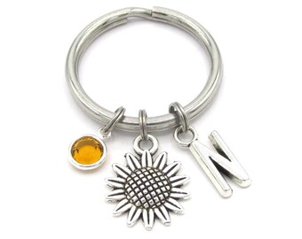 Sunflower Keychain- birthstone and initial, Sunflower Keyring, Sunflower Gift, Flower Accessories, Flower Bag Charm, Floral Keyring for her