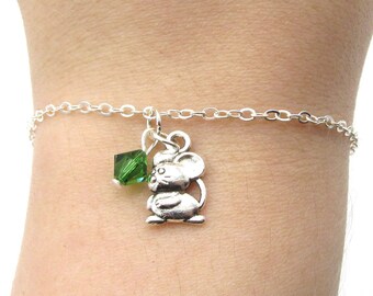 Mouse Bracelet- choose a birthstone, Mouse Jewelry, Mouse Gift, Mouse Accessories, Mouse Charm Bracelet, Rat Bracelet, Rat Jewelry, Mouse